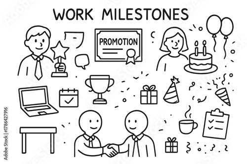 Work Celebration Doodles. Work Milestones. Hand-drawn doodle illustration Work Milestones person receiving award, promotion certificate, birthday cake,