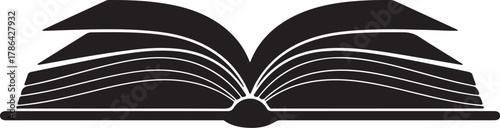 Black silhouette of an open book with curved pages on a white background Keywords: open book, reading, knowledge, education, learning, literature, story, information, on transparent background