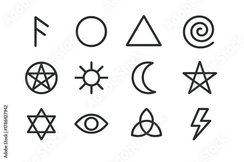 Mystical Symbol Icons. Runes and symbols. Line icon set of runes and symbols: elder futhark rune, circle symbol, triangle symbol, spiral, pentagram, sun