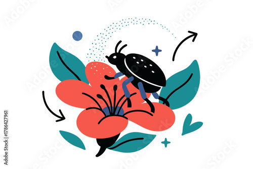 Beetle Pollination Journey. Beetle pollination. A beetle crawling across a bright tropical flower, glowing