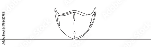 A continuous line art depiction of a medical face mask with ear loops, essential for health protection, isolated on a white background