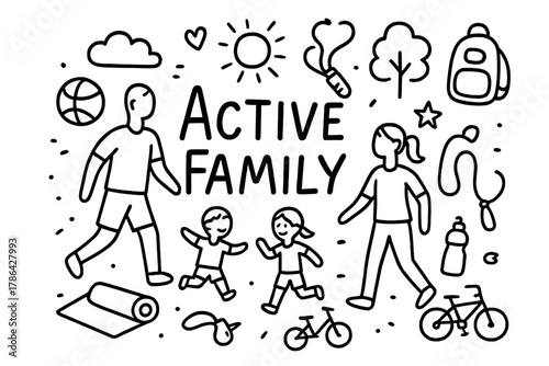 Active Family Doodle. Active Family. Hand-drawn doodle illustration of Active Family. parent icon, child icon,
