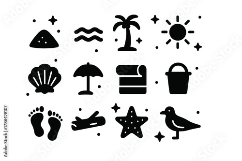 Coastal Calm Icons. Coastal Calm. Solid icons set of Coastal Calm: sand, ocean waves, palm tree, sun, seashell, beach umbrella, towel, bucket, footprints,