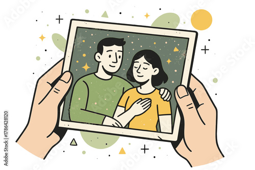 Dusty Memories Captured. Dusty Photograph. Hands holding an aged, dusty photograph with floating abstract geometric dust particles and soft glowing accents,