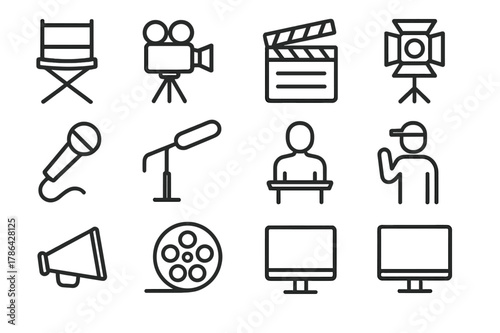 Film Set Icons. Film set director's chair. Line outline icon set of a director?s chair on a film set with a