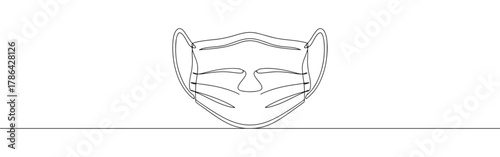 A continuous line art depiction of a medical face mask with ear loops, essential for health protection, isolated on a white background