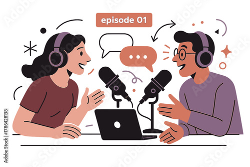 Podcast Episode Launch. Radio Studio Desk ? Podcast Duo. Two mics face each other over a laptop; speech bubbles bounce between them. A tiny banner says