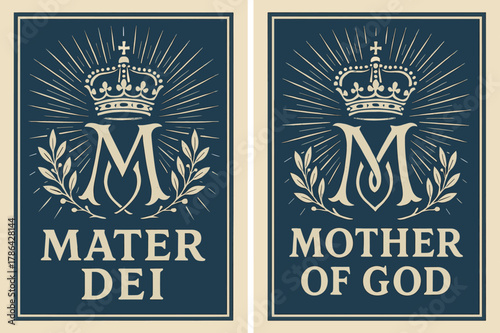 Mater Dei Banners. Mater Dei. Two vertical A6 banners with safe margins, centered composition, no elements touching edges, retro, deep blue and silver, vintage