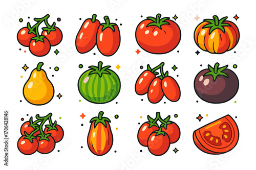 Tomato Variety Icons. Tomato varieties. Colorful isometric vector icons set of Tomato varieties: cherry tomatoes, plum tomatoes, beefsteak tomato, heirloom