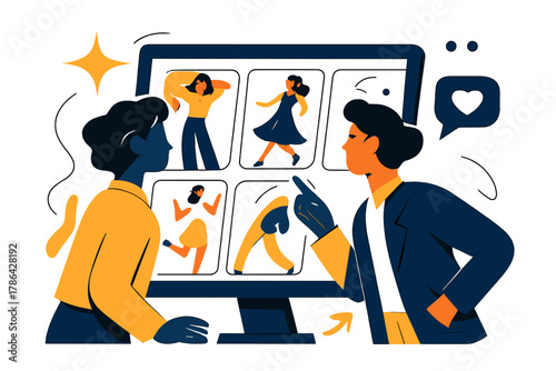 Creative Photo Review. Fashion editor reviewing shots. Person examining photos on large screen; glowing image