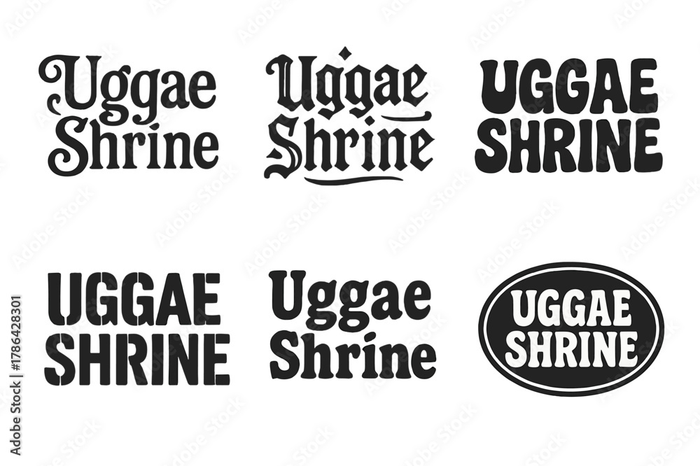 Fototapeta premium Uggae Shrine Lettering Variations. Uggae Shrine. Set lettering. harmonious lettering variations of the same emblematic concept, each with different artistic