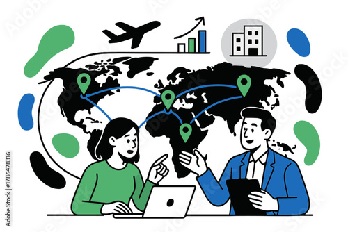 Global Business Expansion. Global expansion. A world map with pins and connecting lines, team members planning