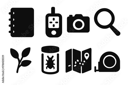Field Research Icons. Field research. Filled icon set of field research: notebook, GPS device, camera,