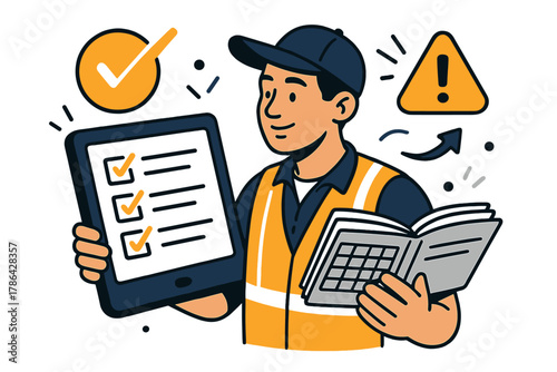 Driver's Precision Review. Record accuracy. Driver reviewing entries with digital tablet and paper logs;