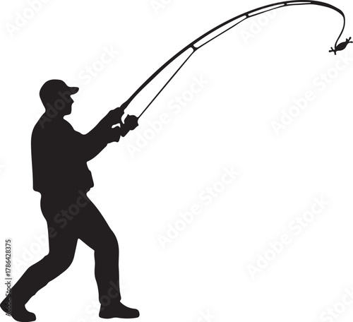 Silhouette of a fisherman casting a fishing rod with a lure vector illustration on transparent background