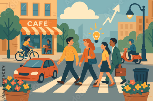 Busy Urban Streetscape. pedestrians, crosswalk, flower planters, cafe, bicycle, car, scooter, streetlamp,