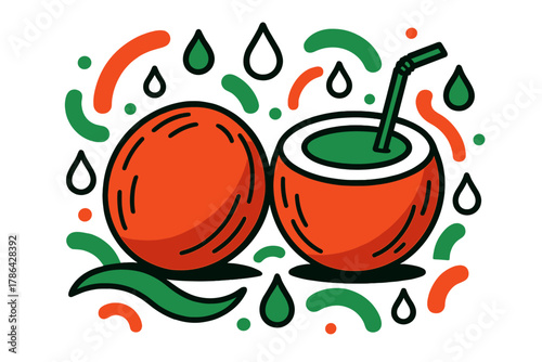 Coconut Refreshment Art. Coconut energy. Two coconuts ? one whole, one with a straw ? surrounded by glowing