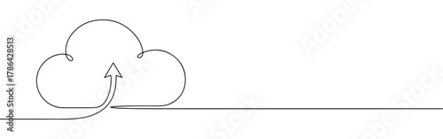A continuous line art depiction of a cloud with an upward-pointing arrow, symbolizing cloud upload, data transfer, or digital storage, isolated on a white background