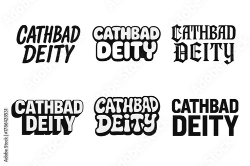 Diverse Lettering Styles. Cathbad Deity. Set lettering. harmonious lettering variations of the same emblematic concept, each with different artistic