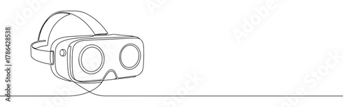A continuous line art depiction of a virtual reality (VR) headset, representing immersive technology and digital experiences, isolated on a white background