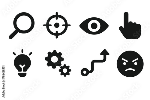 Focus Icon Set. Focus and determination. Filled icon set of focus and determination: magnifying glass, laser