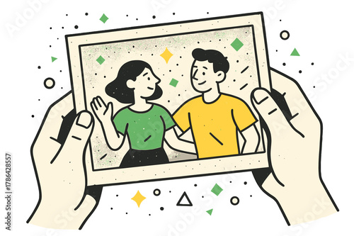 Dusty Memories Captured. Dusty Photograph. Hands holding an aged, dusty photograph with floating abstract geometric dust particles and soft glowing accents,