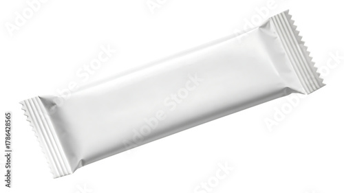 Top down view of blank white snack bar wrapper with crimped edges, cutout, PNG isolated on transparent background