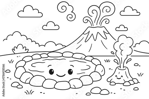 Volcanic Springs Coloring Page. Hot springs and geysers children?s coloring book illustration, outlined drawing, a smiling hot spring pool and a tiny geyser