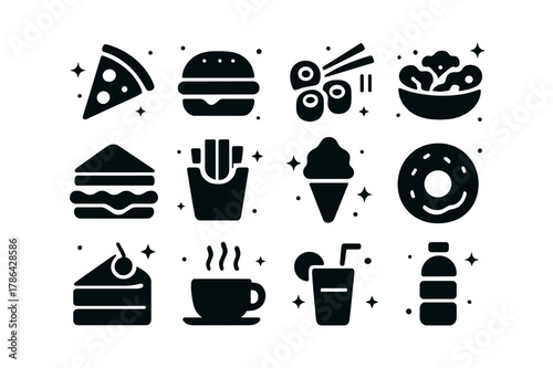 Food Icon Grid. Food. Solid icons set of Food: pizza, burger, sushi, salad, sandwich, fries, icecream, donut, cake, coffee, juice, water. Filled icons set in
