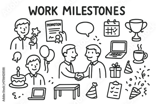 Work Celebration Doodles. Work Milestones. Hand-drawn doodle illustration Work Milestones person receiving award, promotion certificate, birthday cake,