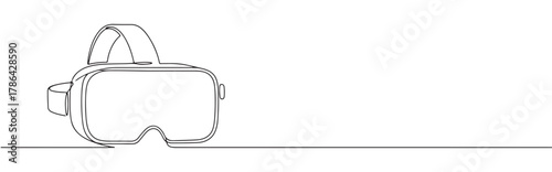 A continuous line art depiction of a virtual reality (VR) headset, representing immersive technology and digital experiences, isolated on a white background