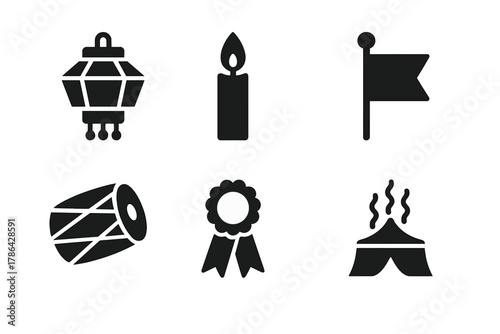 Religious Festival Icons. Religious Festivals. Filled icon set of Religious Festivals: lantern, candle, temple