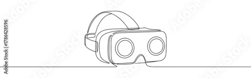 A continuous line art depiction of a virtual reality (VR) headset, representing immersive technology and digital experiences, isolated on a white background
