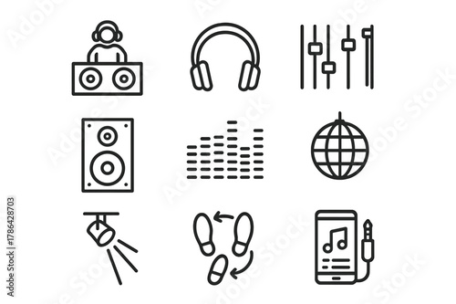 Dance Party Icons. DJ and Dancefloor. Line icon set of DJ and Dancefloor: DJ booth, turntables, headphones, mixer sliders, speaker, equalizer bars, disco ball,