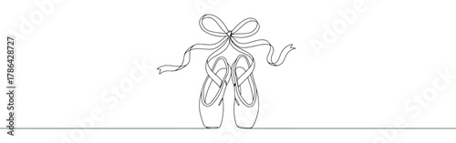 A pair of elegant ballet pointe shoes with ribbons, drawn in a graceful continuous line art style