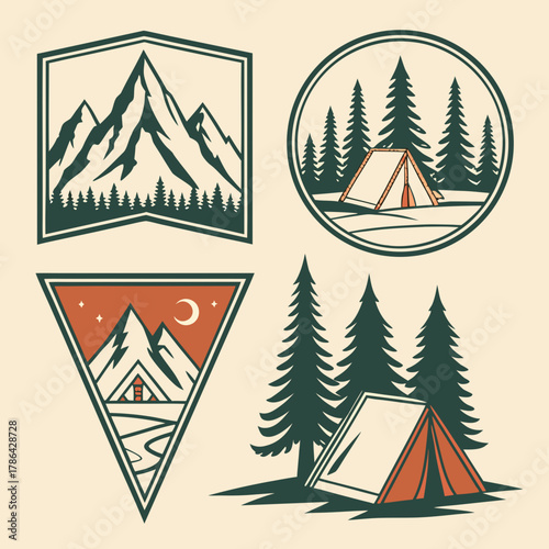Retro Adventure Camping and Mountain Badges Set Vector, Vintage Forest Pine Tree and Tent Emblems, Outdoor Graphic Collection