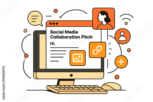 Digital Collaboration Iconography. Social Media Collaboration Pitch. An open email with glowing attachments