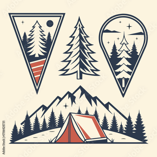 Retro Outdoor Camping Badges and Elements Vector, Vintage Forest Mountain Pine Tree and Tent Graphics Set, Adventure Emblem Collection