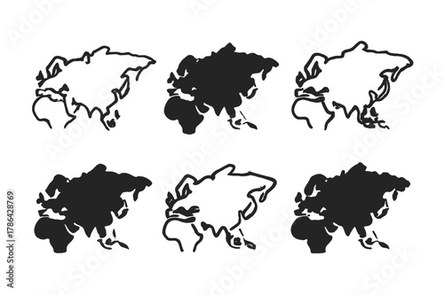 Eurasia Border Logos. Eurasia. Set Logo of Geographic Borders: Minimal outline, Negative space, Flat solid, Symmetrical form, Stylized detail, Iconic shape.