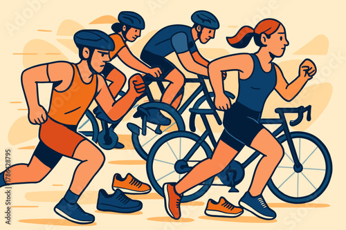 Dynamic Triathlon Transition. Running events. Triathletes transitioning between disciplines, with bikes and running shoes at the ready. The athletes'