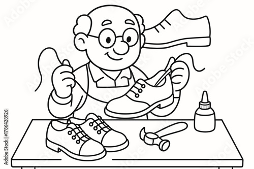 Friendly Cobbler Coloring Page. Shoe maker children?s coloring book illustration, outlined drawing, friendly