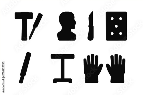 Sculpting Tools Icons. Sculpting process. Filled icon set of Sculpting process: hammer, chisel, clay, carving