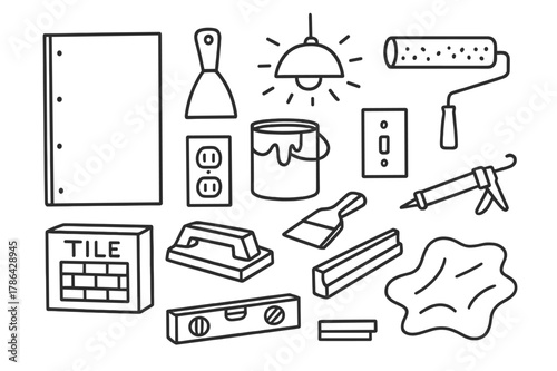 Interior Renovation Doodles. Interior renovation. Hand-drawn doodle illustration interior renovation drywall sheet, putty knife, paint can, roller tray, light