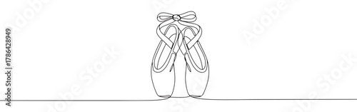 A pair of elegant ballet pointe shoes with ribbons, drawn in a graceful continuous line art style
