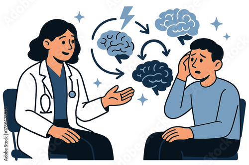 Mental Health Discussion. Brain disorders and conditions. Doctor and patient discussing mental health with abstract floating brain icons, arrows, and sparkles;