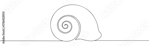 A continuous line art depiction of a snail shell, showcasing its distinctive spiral form found in nature, isolated on a white background