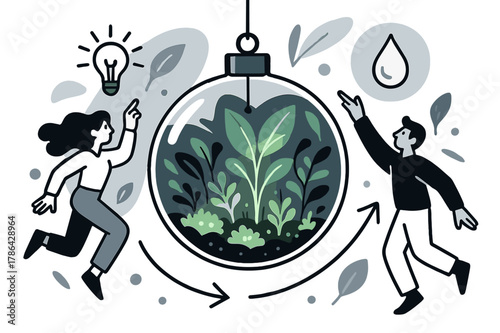 Floating Terrarium Art. Hanging terrarium. Glass globe with glowing plants and moss suspended mid-air,