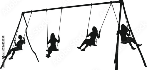Silhouette, children, swinging, playground, motion, fun, outdoor, activity, black, white, swing, set, childhood, joy, leisure, group, ropes, frame, shadows, carefree