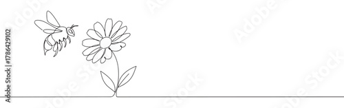 A continuous line art depiction of a busy bee flying towards a blooming flower, illustrating the natural process of pollination and ecosystem, isolated on a white background