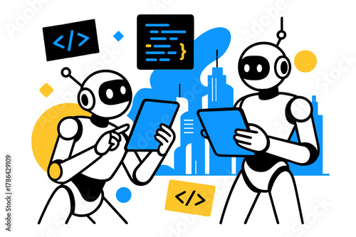 Futuristic Tech Symphony. The role of technology, robots holding tablets, futuristic cityscape in background, Code snippets floating in air. Modern flat-line